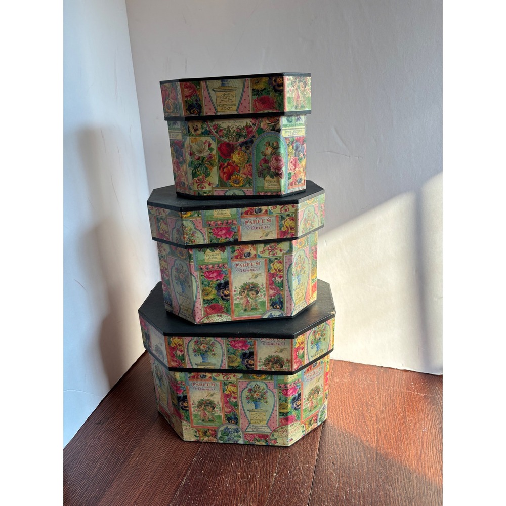 Bonnie Prin Vintage Nesting Boxes Set 3 Octagon Floral Parfum Amour 1999 Signed